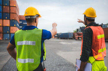 worker teamwork and partner of foreman, engineer, and businessman working in an international shipping area, concept of business industrial and working in container yard.