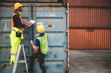 worker teamwork and partner of foreman, engineer, and businessman working in an international shipping area, concept of business industrial and working in container yard.