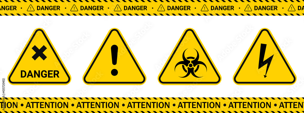 Aufkleber triangular signs and yellow ribbons warn of danger and draw people's attention to the fact that acce