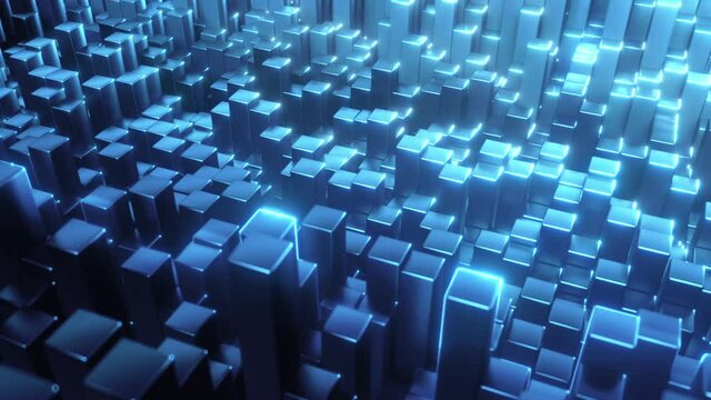 Abstract metallic blue Cubes Background. Metal cube machinery pattern wall. 3D rendering. Projection Mapping element with fast moving cubic surface. 4k Seamless loop