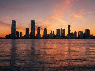 Sunset over Jersey City and the Hudson River, from Lower Manhattan, New York City - obrazy, fototapety, plakaty