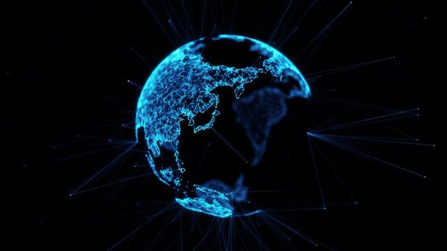 Blue Digital Globe with big data social network. Earth hologram flying in cyberspace. Rotating scientific 3D planet futuristic with satellites technology Abstract connectivity concept Alpha matte loop