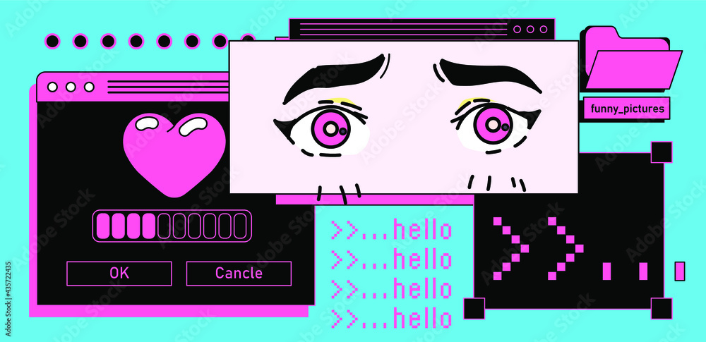 Poster Retro desktop with message boxes, terminal console window. OS user interface in vaporwave 80's vintage stylization.