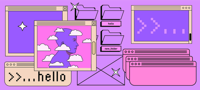 Retrowave style desktop with message boxes, terminal console window and user interface elements. Retro OS in vaporwave 80's vintage stylization.