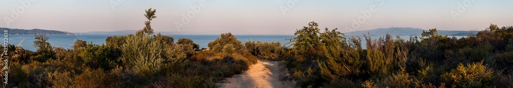 Wall mural Panoramic View of Singitic Gulf in Aegean Sea and Hills Covered with Bushes and Trees in Sunset Light - Sea Landscape Sight from Mountain Road on Sithonia Chalkidiki Greece