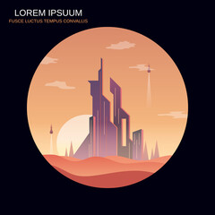 Obraz premium Big city bright sunrise retro futuristic style vector illustration
