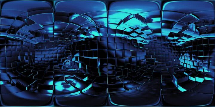 VR360 Abstract Blue Cyan metallic Cubes geometric Background. Cube pattern wall. 3D rendering. Projection Mapping element with moving cubic surface in virtual reality. 4k Seamless loop