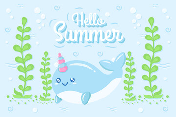 Hello Summer cute whale drawing under the water