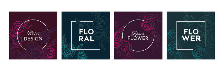 Set of floral covers. Flyers with rose and leaf elements. Summer square cards with flowers. Roses on dark purple, burgundy and blue colors.