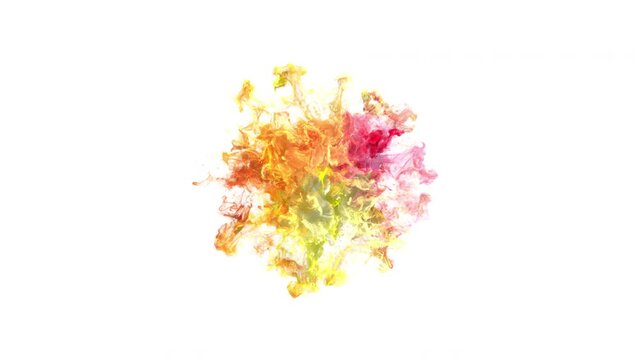 Color Burst - colorful yellow, red smoke fluid ink ring explosion. Particles in slow motion alpha matte isolated on white