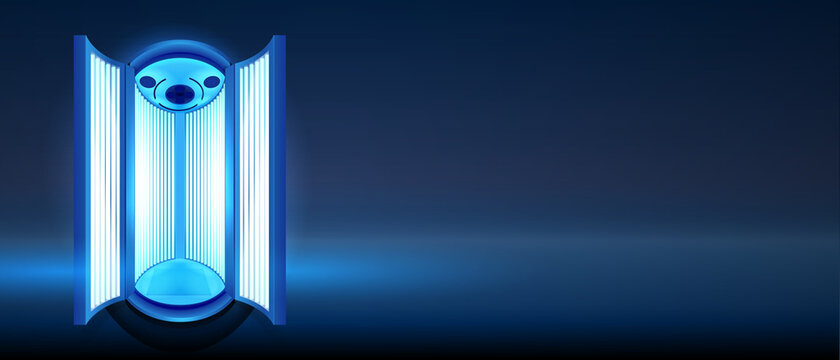 Banner of tanning in vertical solarium. Sunbathing in solarium cabin with blue luminous tanning lamps. Advertising of Spa salon . Realistic 3d vector illustration.
