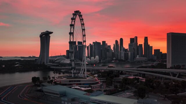 4K Singapore Drone Aerial Wide Angle Orbit of City Skyline