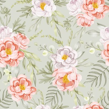 Seamless pattern with spring flowers peach white and leaves for wallpaper background © orchidart