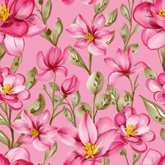 Fototapeta na wymiar Seamless pattern with spring flowers pink and leaves for wallpaper background