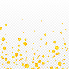 British pound coins falling. Eminent scattered GBP coins. United Kingdom money. Fine jackpot, wealth or success concept. Vector illustration.