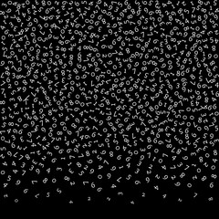 Falling numbers, big data concept. Binary white random flying digits. Neat futuristic banner on black background. Digital vector illustration with falling numbers.