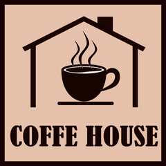 vector illustration of a cup of hot coffee inside the house. Can be used for logos for coffee shops, cafes, restaurants, etc.