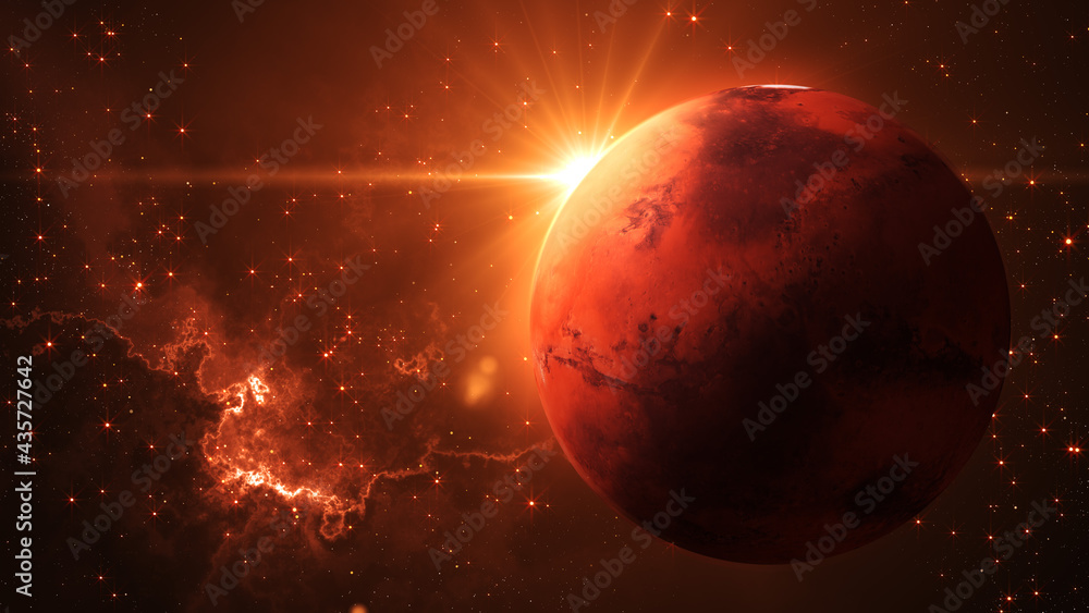 Poster sun lens flare light over mars planet on red shiny starry outer space with nebula cloud background