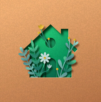Green eco house paper cut nature concept isolated