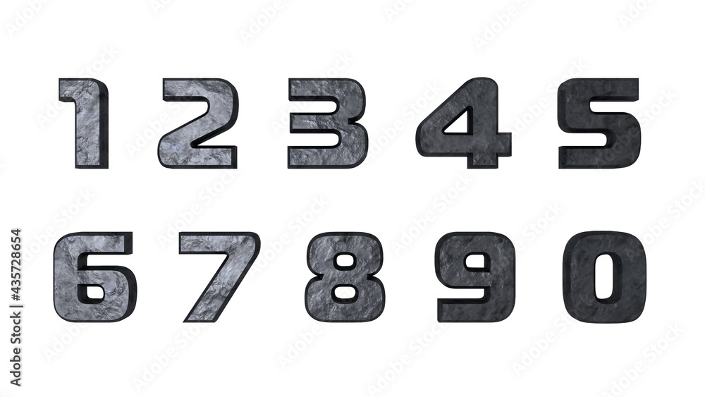 Poster Gray graphite 3d numbers from zero to nine on a white background. Rendering an image. Computer graphics.