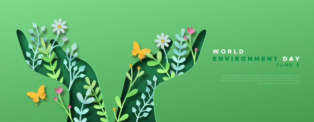 Environment Day green papercut hand web template