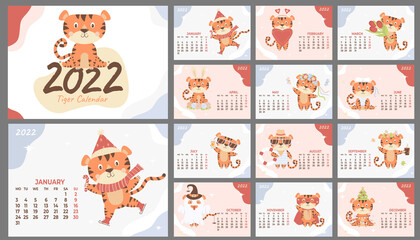 Wall calendar template for 2022. Year of the Tiger in the Chinese or Eastern calendar. A set of 12 pages and a cover with a cute striped tiger. Vector illustration. Week from Monday 