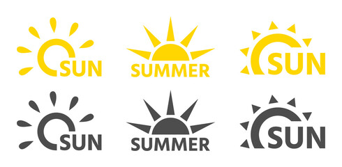 Abstract suns logos for the company in black and yellow, text sun and summer. Vector flat style set. Isolated on white background.For food packaging.For cosmetics design. Shop design