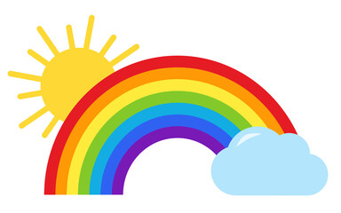 Great for fabric, textile. Rainbow with sun and blue cloud illustration flat vector. Pride, lgbt style. Print for a t-shirt. Logo for the company. Banners for advertising