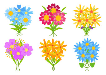 Bright flat vector bouquets of flowers for greeting cards, menus, booklets, banners, advertisements, invitation cards, exhibitions, shops. Retro style for printing on clothes isolated on white