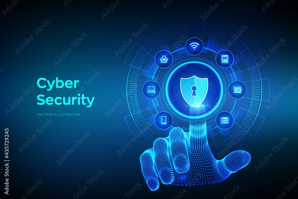 Poster cyber security. data protection business concept on virtual screen. shield protect icon. internet pr