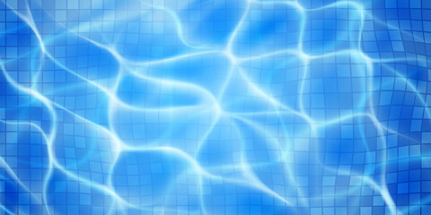 Fototapeta na wymiar Swimming pool background with mosaic tiles, sunlight glares and caustic ripples. Top view of the water surface. In light blue colors