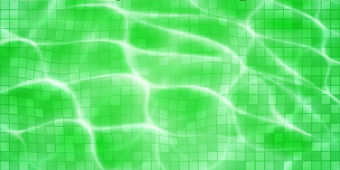 Swimming pool background with mosaic tiles, sunlight glares and caustic ripples. Top view of the water surface. In green colors