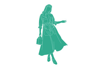 Vector illustration of elegant woman posing with her mini bag, Flat style with outline