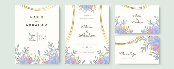 Wedding invitation set with green foliage branches watercolor. Wedding floral golden invitation card save the date design with pink flowers