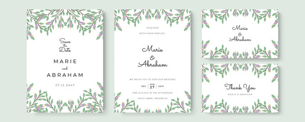 Wedding invitation set with green foliage branches watercolor. Wedding floral golden invitation card save the date design with pink flowers
