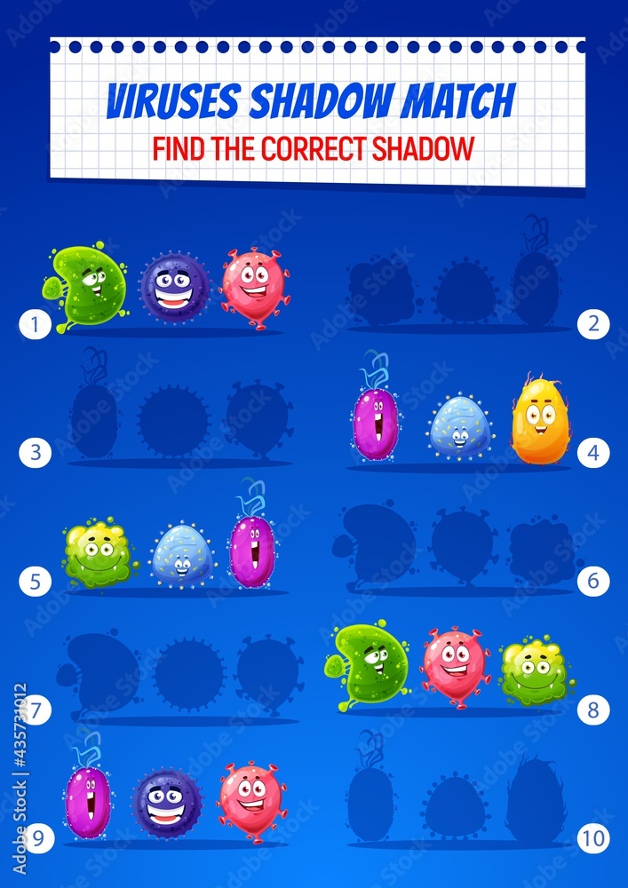 Poster kids shadow match game with viruses and germs funny characters. child puzzle, riddle or education ac