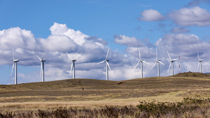 Wind power stations at South Point of Big Island, Hawaii. Wind turbines on a hilly terrain against beautiful blue sky with clouds on a hot sunny day.