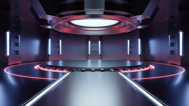 Empty light red studio room futuristic Sci Fi big hall room with lights red, Future background for design.