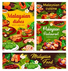 Malaysian cuisine posters, vector seafood, vegetable and meat food dishes with rice dessert. Shrimp noodle soup, beef rendang, egg curry and veggie salad, prawn spring rolls, satay and stuffed tofu