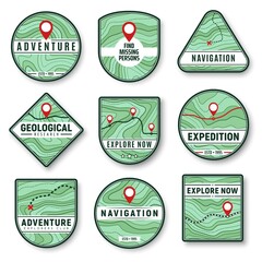 Topography and navigation isolated vector icons with topographic map, navigation pointers, road, highway and railroad, path, route and cross symbols. Navigation, adventure and discovery badges design - obrazy, fototapety, plakaty