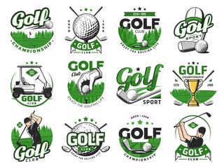 Golf sport icons, golf balls and clubs. Vector emblems with sticks, cart, goblet and sportsman on field. Professional equipment for championship, tournament, professional game training labels set