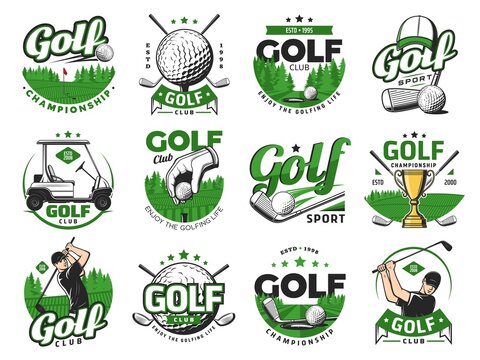 Golf sport icons, golf balls and clubs. Vector emblems with sticks, cart, goblet and sportsman on field. Professional equipment for championship, tournament, professional game training labels set