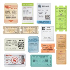 Bus tickets, city passenger transport plastic card and transfer payment receipt document. Bus excursion, city tours vector admit one ticket or pass with tear off perforation, bus pictogram and barcode