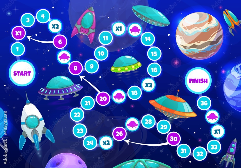 Poster Kids boardgame with spaceships and planets. Vector step board game with path, ufo saucers in space, numbers, start and finish. Children riddle or task for leisure activity with cartoon alien ships