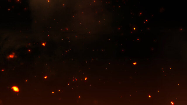 暗闇の中で静かに舞う火花と火の粉のイメージ　戦場　シリアス　Fire embers particles over black background. Fire sparks background. Abstract dark glitter fire particles lights　　エフェクト　effect