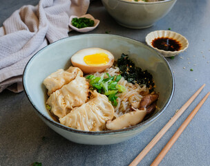 Homemade Japanese cuisine / Spicy Ginger Miso Shirataki Soup Noodle with Ajitsuke Tamago, Gyoza,...