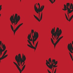 Fototapeta na wymiar Red Tropical Botanical Floral Seamless Pattern Background