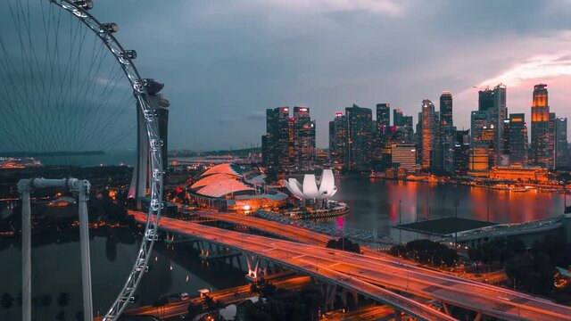 4K Singapore Aerial City View Hyperlapse flying towards Marina Bay