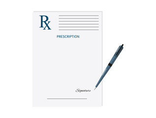 Signing a prescription pad  medical form. Realistic paper document template of doctor's prescription with pen. An example of a recipe for design. Medical marks report, healthcare concept. Vector  © TaMih