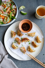 Homemade take away meal / Chinese Salad and Potstickers aka Pan Fried Jiaozi / Healthy and delicious light eats. Ideal for weight watchers and light eaters